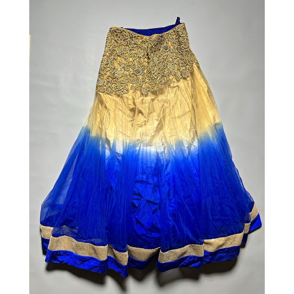 Handmade Women's Blue & Gold Lehenga with Embroidered Border